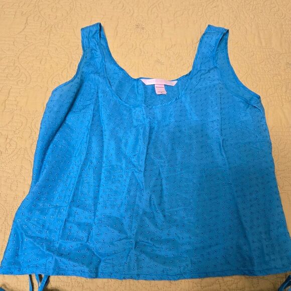 Vintage 90’s Victoria’s Secret PJ Set S Blue Floral Tank Micro Shorts Eyelet - Picture 3 of 9